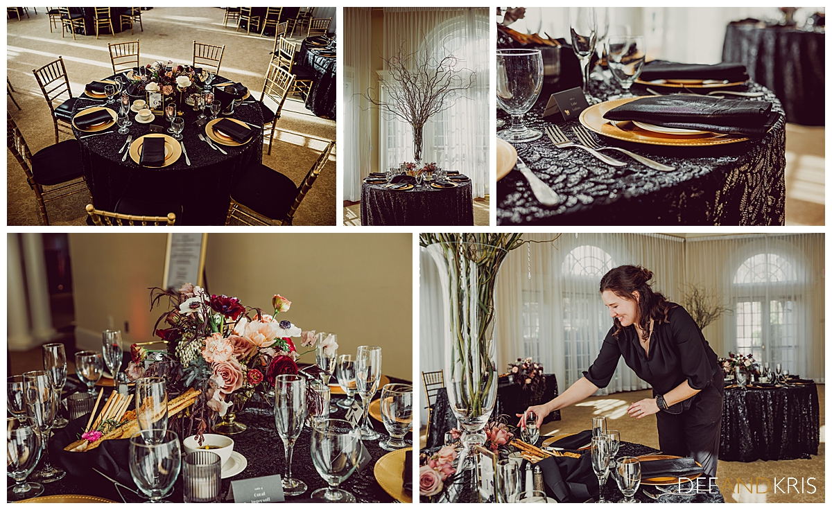 Five images: Top left image of tabletop. Top center image of branch arrangement on tabletop. Top right image of table settings. Bottom left image of table top with various glasses and bread basket. Bottom right image of venue coordinator setting a table.