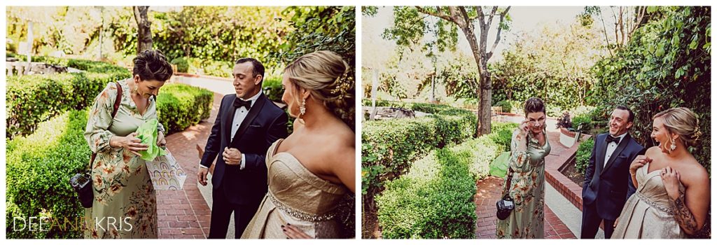 Two images: Left image of photographer opening gift from bride and groom as the couple watch. Right image of photographer wearing safety goggles that couple gifted her.