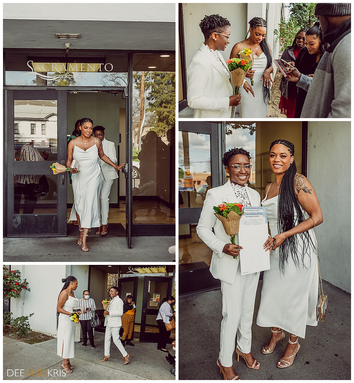 Four images: Top left image of couple emerging from the courthouse doors after their civil ceremony. Top right image of couple being greeted by family and friends. Bottom left image of couple smiling at each other. Bottom right image of couple holding marriage certificate and flowers.