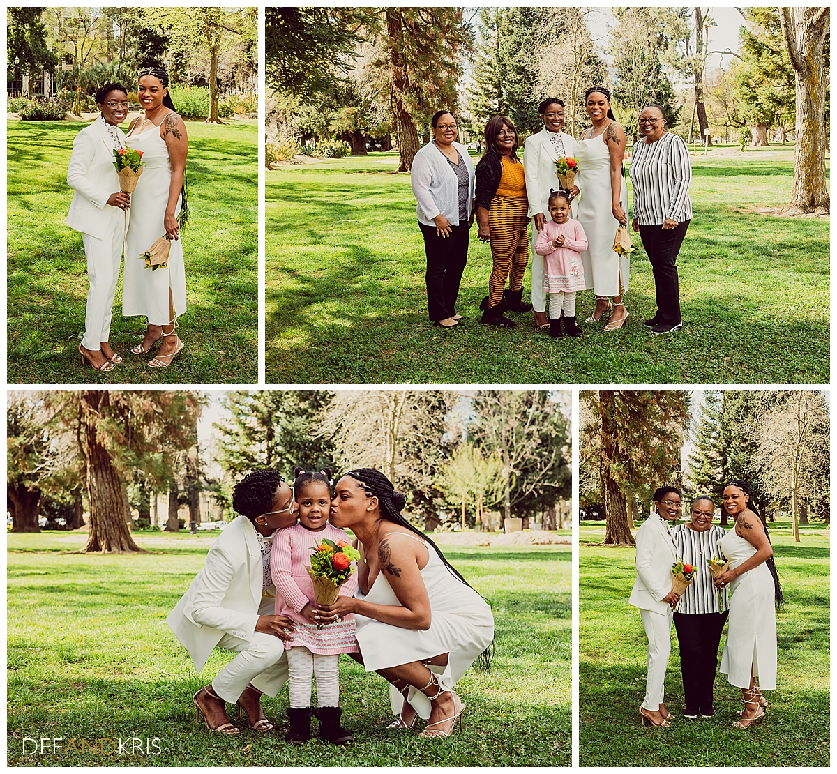 Four images: Top left image of couple standing together holding bouquet. Top right image of couple standing with four guests; three adults and one child. Bottom left image of couple crouching to kiss child on cheeks. Bottom right image of couple standing with one guest.