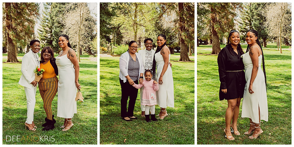 Three side-by-side images: Left image of couple with one guest. Center image of couple with two guests; one adult and a child. Right image of one bride standing with one guest.