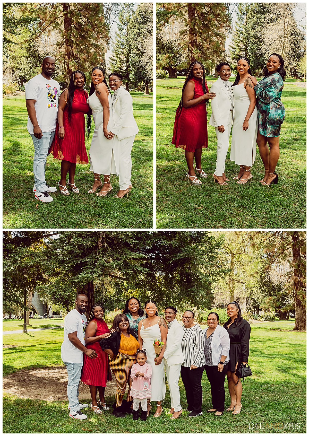 Three images: Top left image of couple standing with another couple. Top right image of couple standing with two female guests. Bottom image group shot of couple with all guests.
