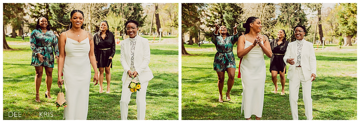 Two side-by-side images of couple preparing to throw bouquets.