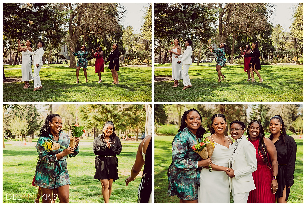 Four images: Top two side-by-side images of couple tossing bouquets as single guests try to catch them. Bottom image of guests who caught bouquets with couple.