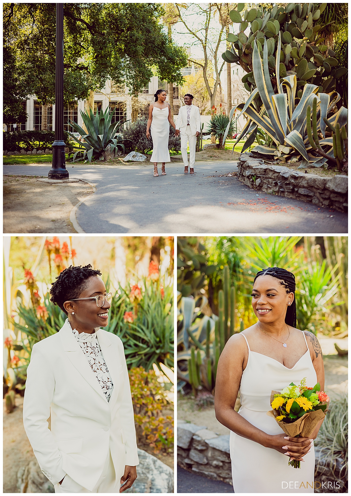 Three images: Top image of couple walking along a cement path outside the cactus garden while talking and holding hands. Bottom left image of bride in suit. Bottom right image of second bride in dress.