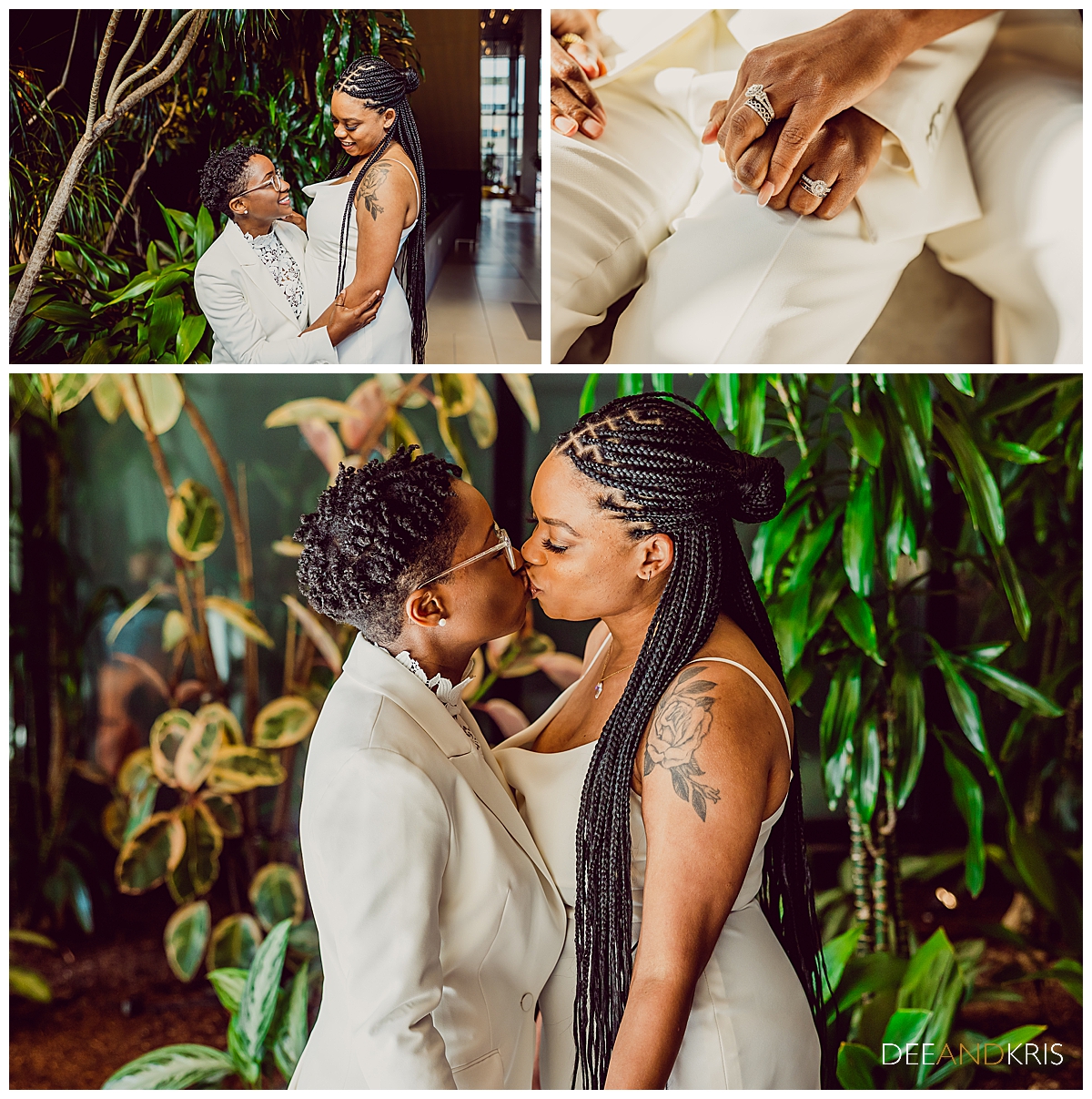 Three images: Top left image of first bride holding second bride. Top right image of brides hands  clasped together. Bottom image of couple kissing.