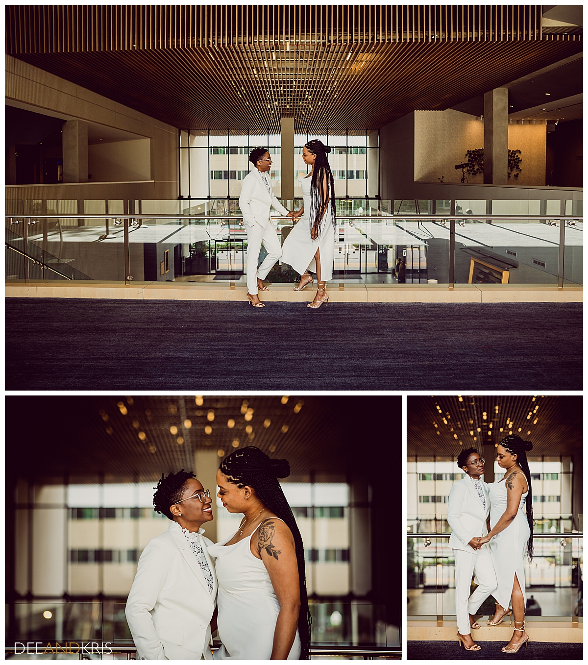 Three images: topo image of couple inside Mix Downtown on upstairs balcony looking at each other. Bottom left image of couple coming in for a kiss. Bottom right image of couple on balcony holding hands.