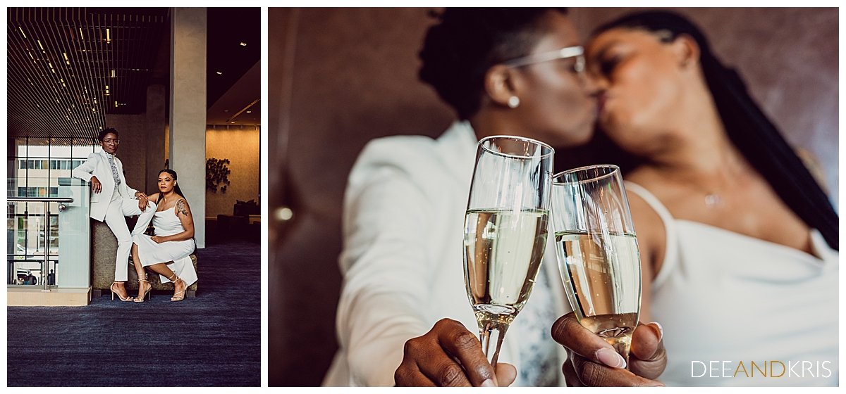 Two side-by-side images: Left image of couple leaning in sophisticated pose together. Rightimage of couple kissing as they toast.