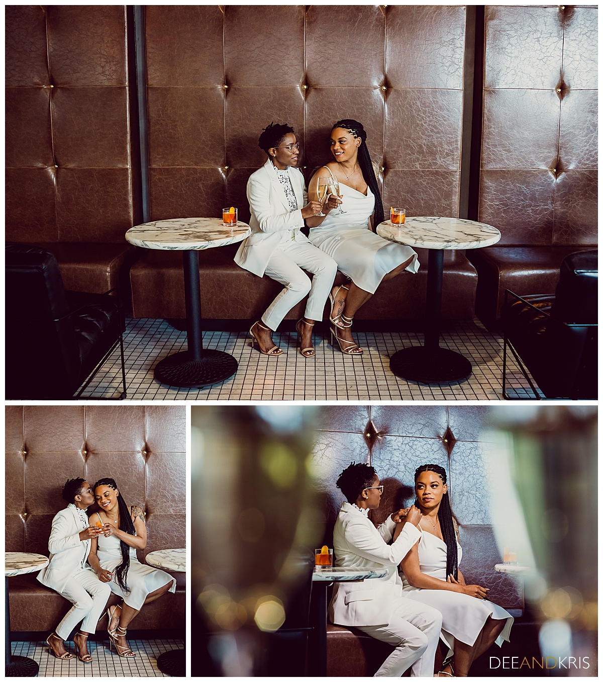 Three images: Top image of couple sitting on leather tufted seating toasting with champagne. Bottom left image of first bride kissing second bride on temple while seated  on tufted leather seat. Bottom right image POV through champagne glasses view of couple together.