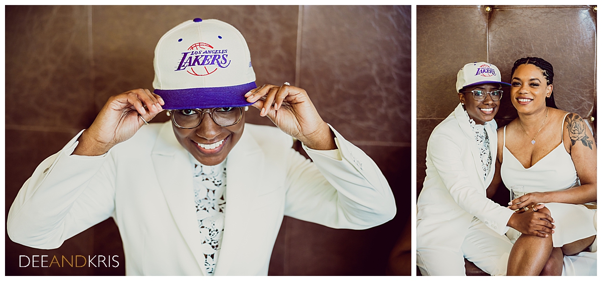 Two side-by-side images: Left image of one bride showing off her L.A. Lakers cap. Right image of couiple smiling at camera