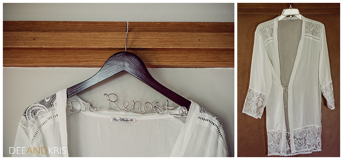 Two images: Left image close-up of bride's robe hanging in Scribner Bend bungalow on personalized hanger. Right image pullback of bride's robe.
