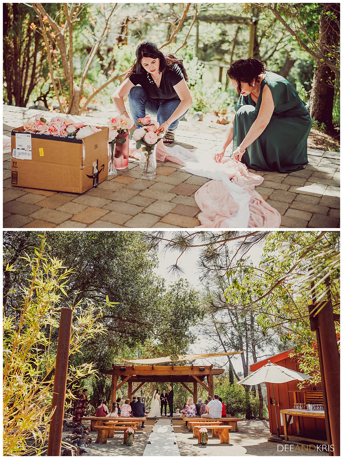 Two images: Top image of guests helping with backyard micro-wedding. Bottom image of micro-wedding ceremony