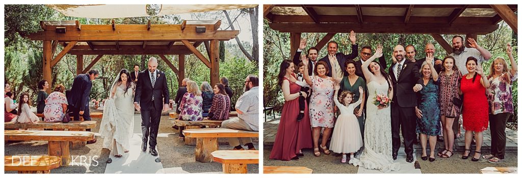 Two images: Left image of newlyweds in recessional of micro-wedding. Right image of couple with small guest list toasting with champagne.