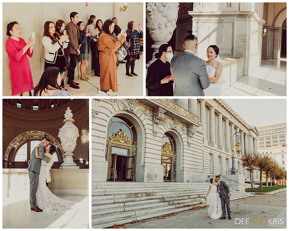 Four Images: Top left image of guests at a micro-wedding standing in attendance. Top right image of couple on balcony reciting vows. Bottom left image of couple's first kiss. Bottom right image of couple in front of City Hall.